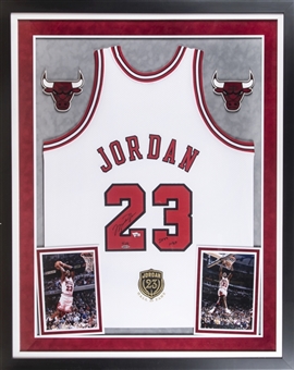 Michael Jordan Signed & Inscribed Chicago Bulls Home Hall of Fame Embroidered Jersey In 36 x 44 Framed Display - LE 16/123 (UDA & Fanatics)